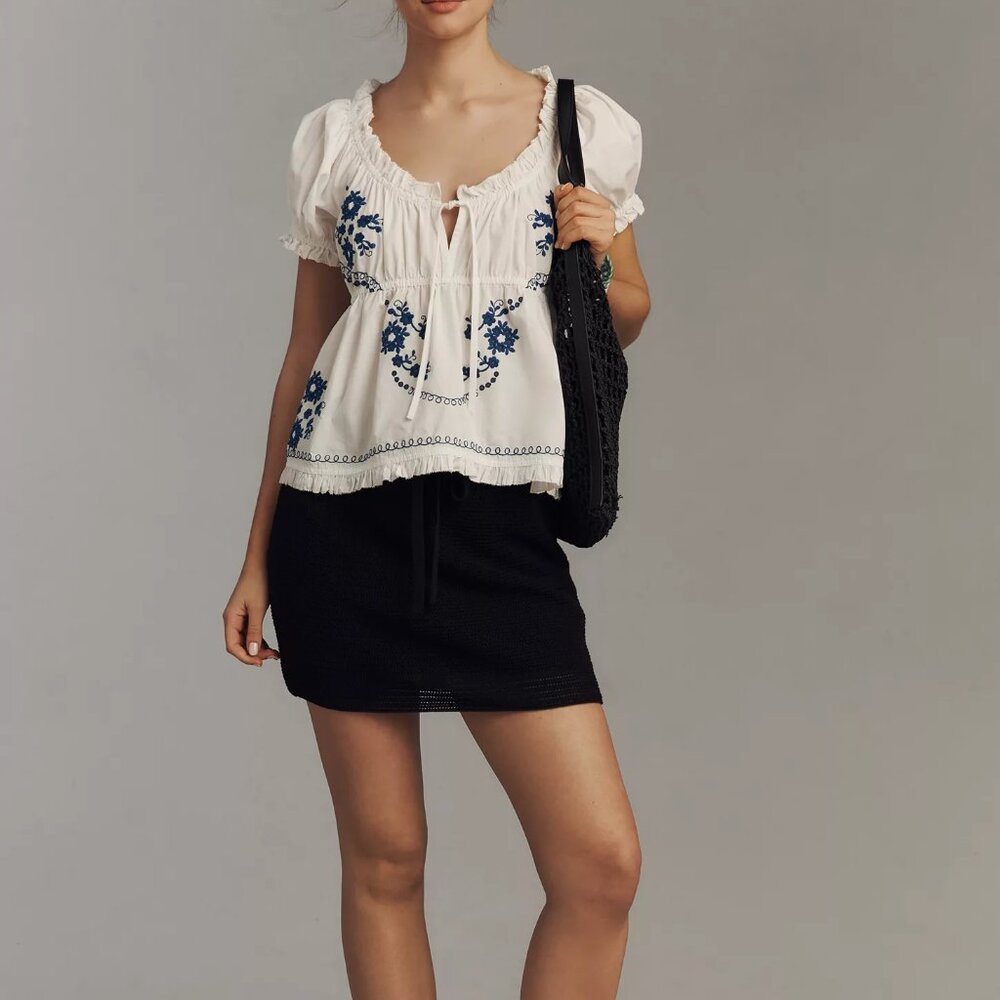 NWT Anthropologie Puff Sleeve Blue Floral Embroidered Babydoll Cottagecore Top L - Picture 3 of 10